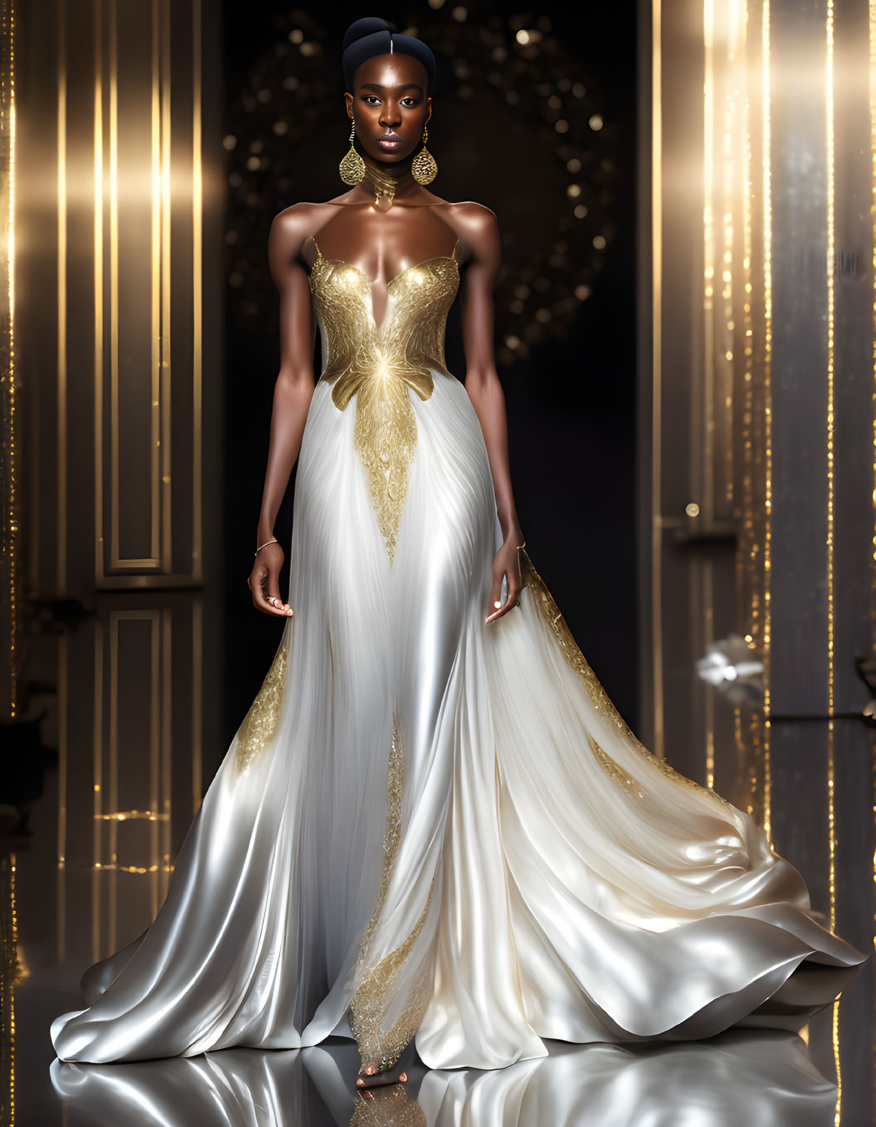 Luxurious White and Gold Evening Gown Illustration in Lavish Setting
