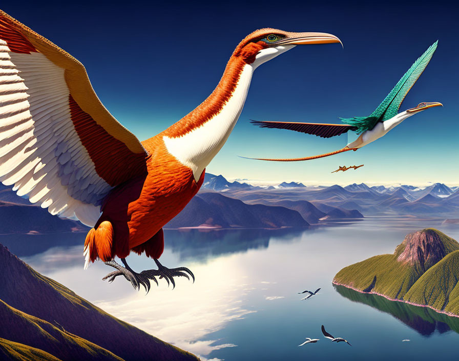 Colorful prehistoric flying creatures over scenic landscape.