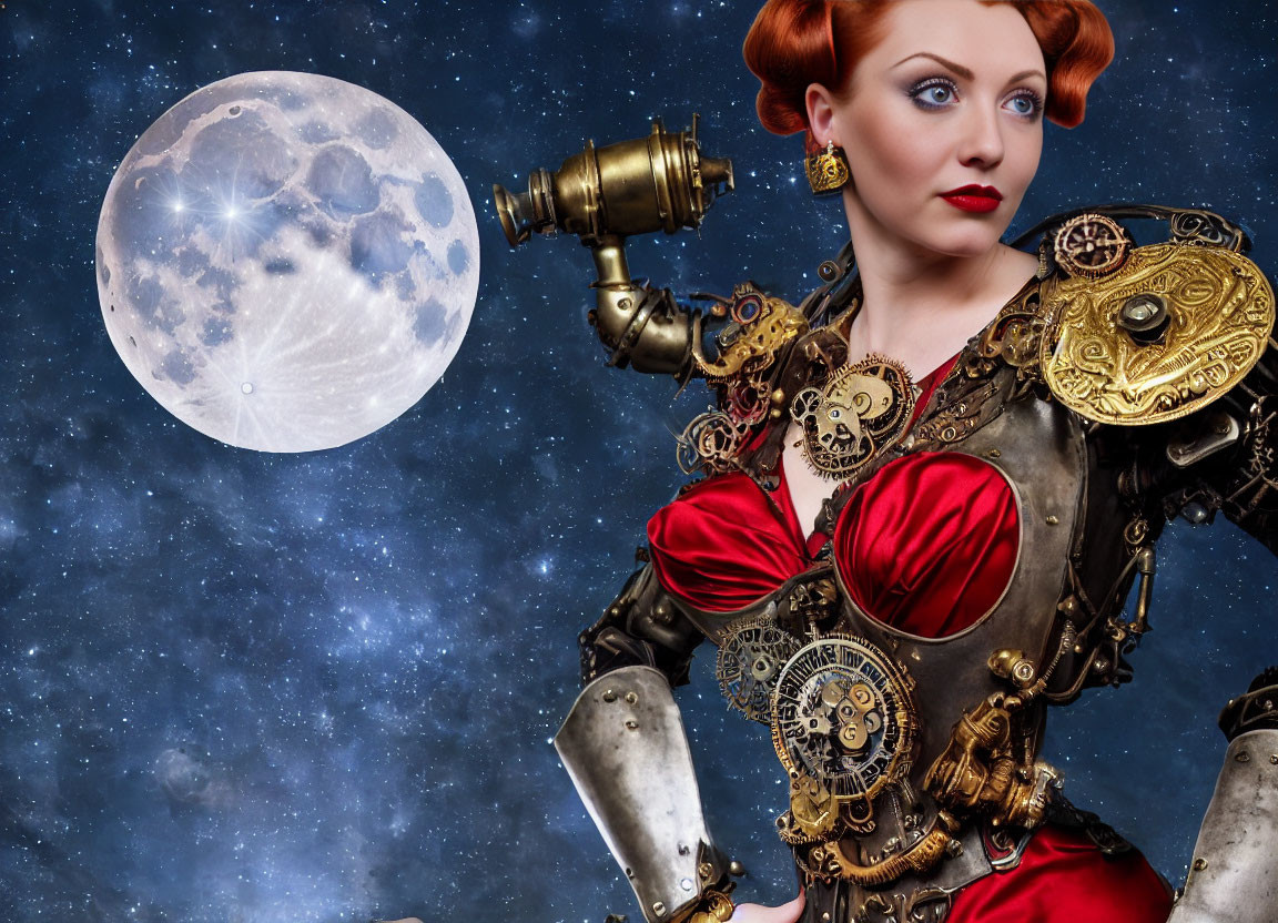 Steampunk-inspired woman in cogwheel outfit against moon backdrop