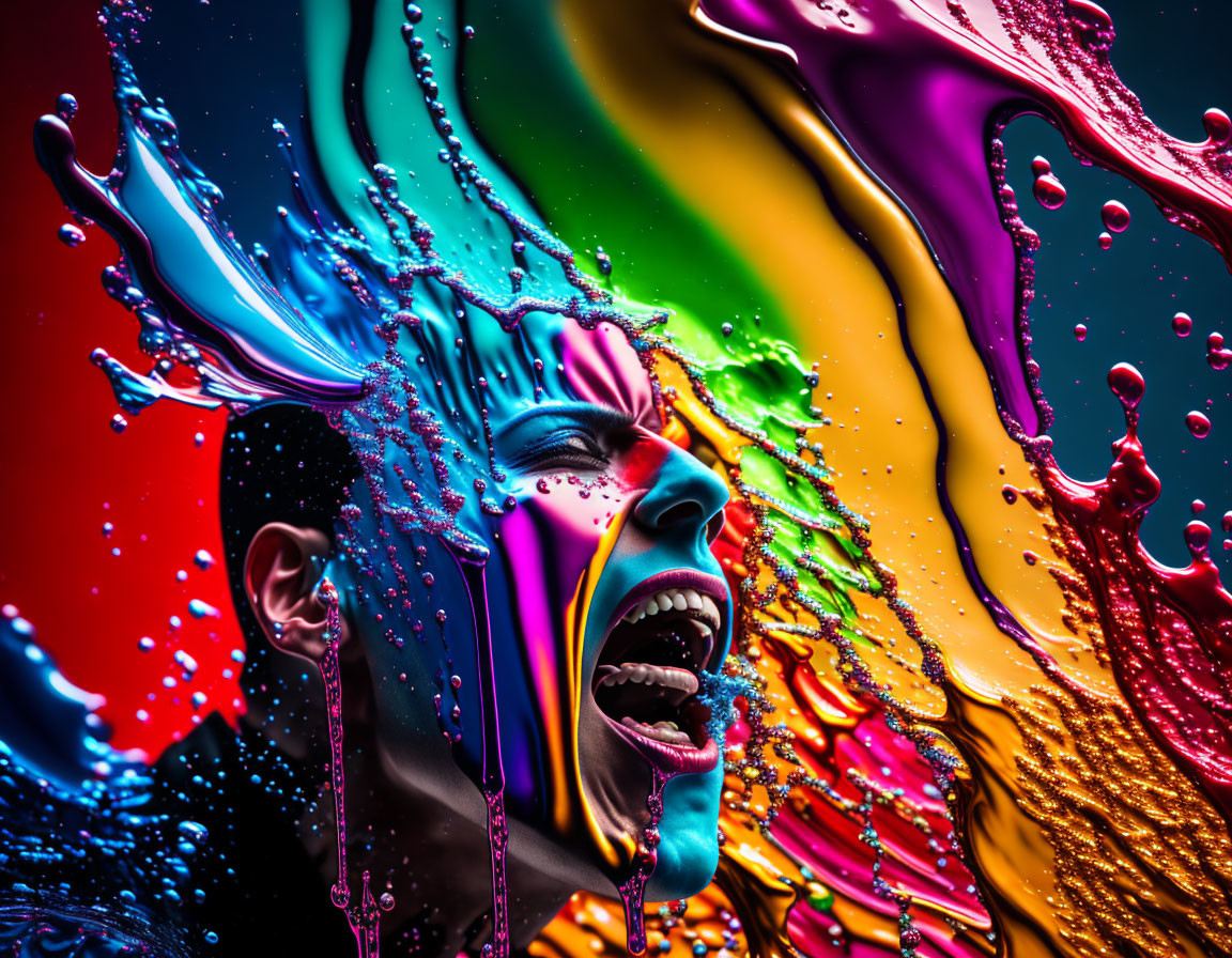Colorful liquid splashes on a face create vibrant rainbow palette art