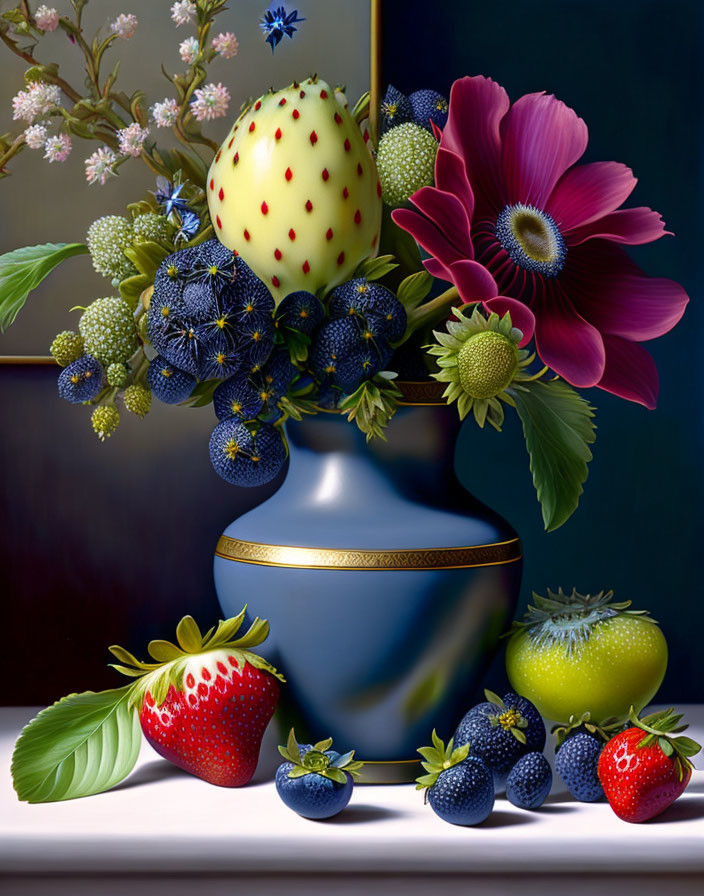 Blue vase with flowers, berries, and fruit still life arrangement