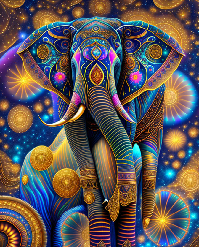 Colorful Elephant Art with Cosmic Mandala Design in Blue and Gold