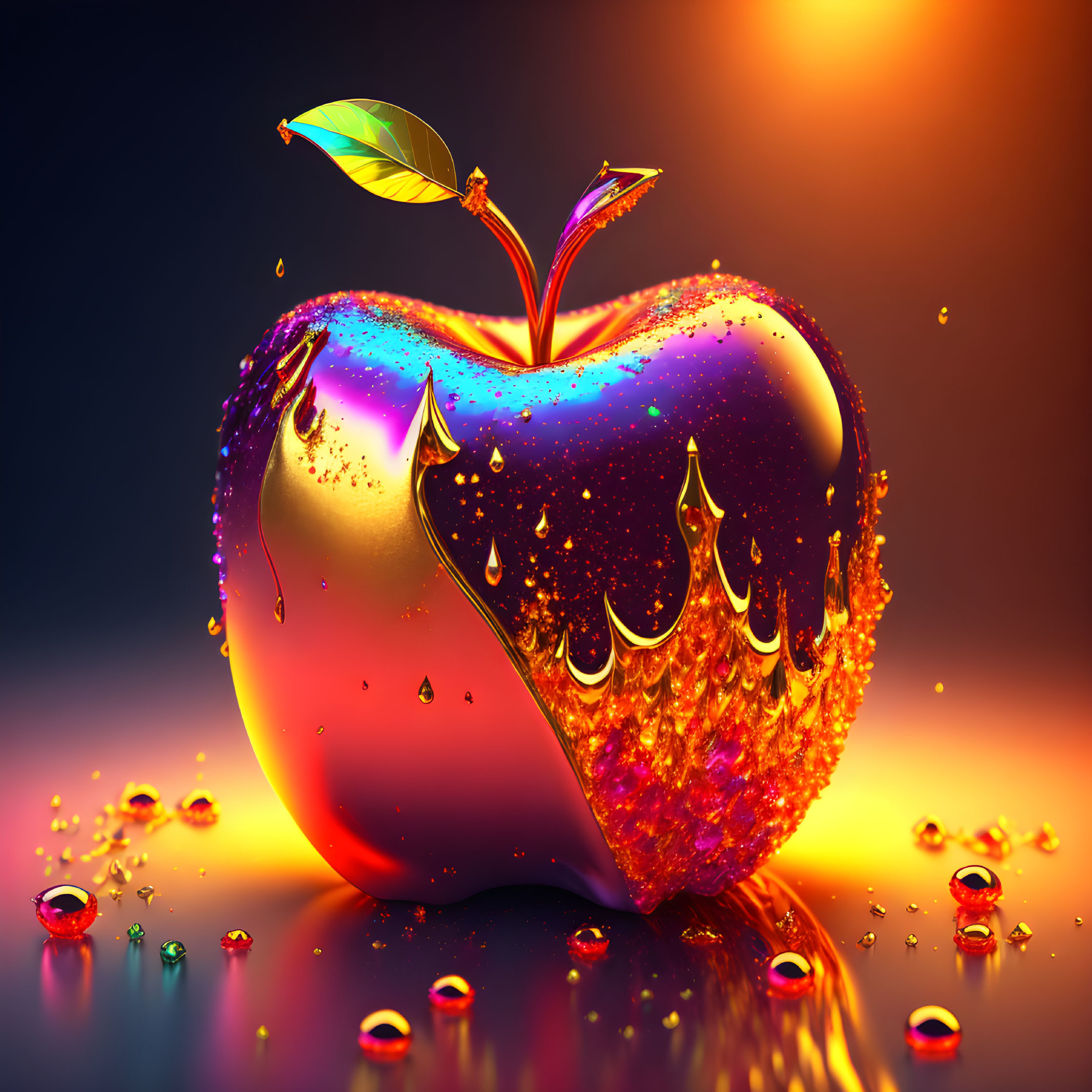 Colorful digital artwork of glossy apple with rainbow surface and golden droplets on warm backdrop