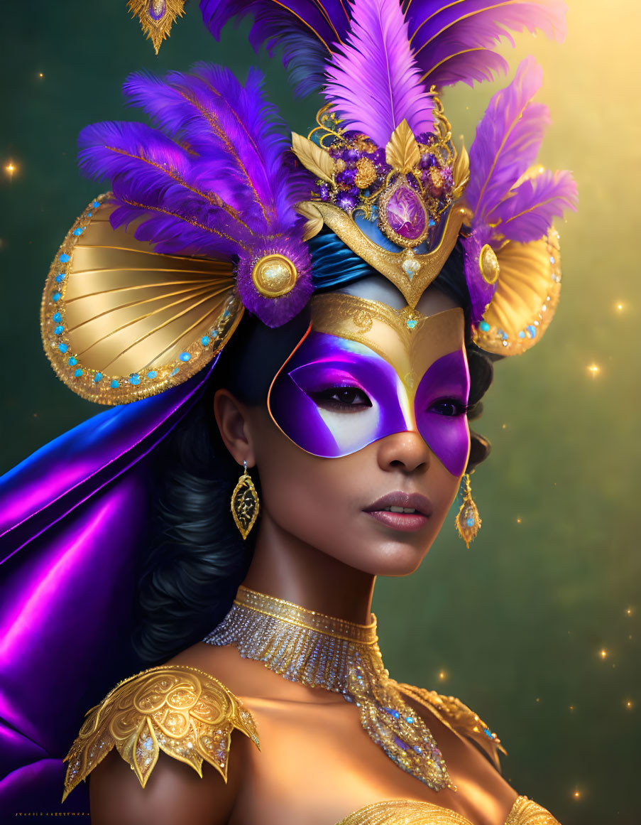 Woman in Feathered Headdress with Purple and Gold Mask and Jewelry on Starry Background