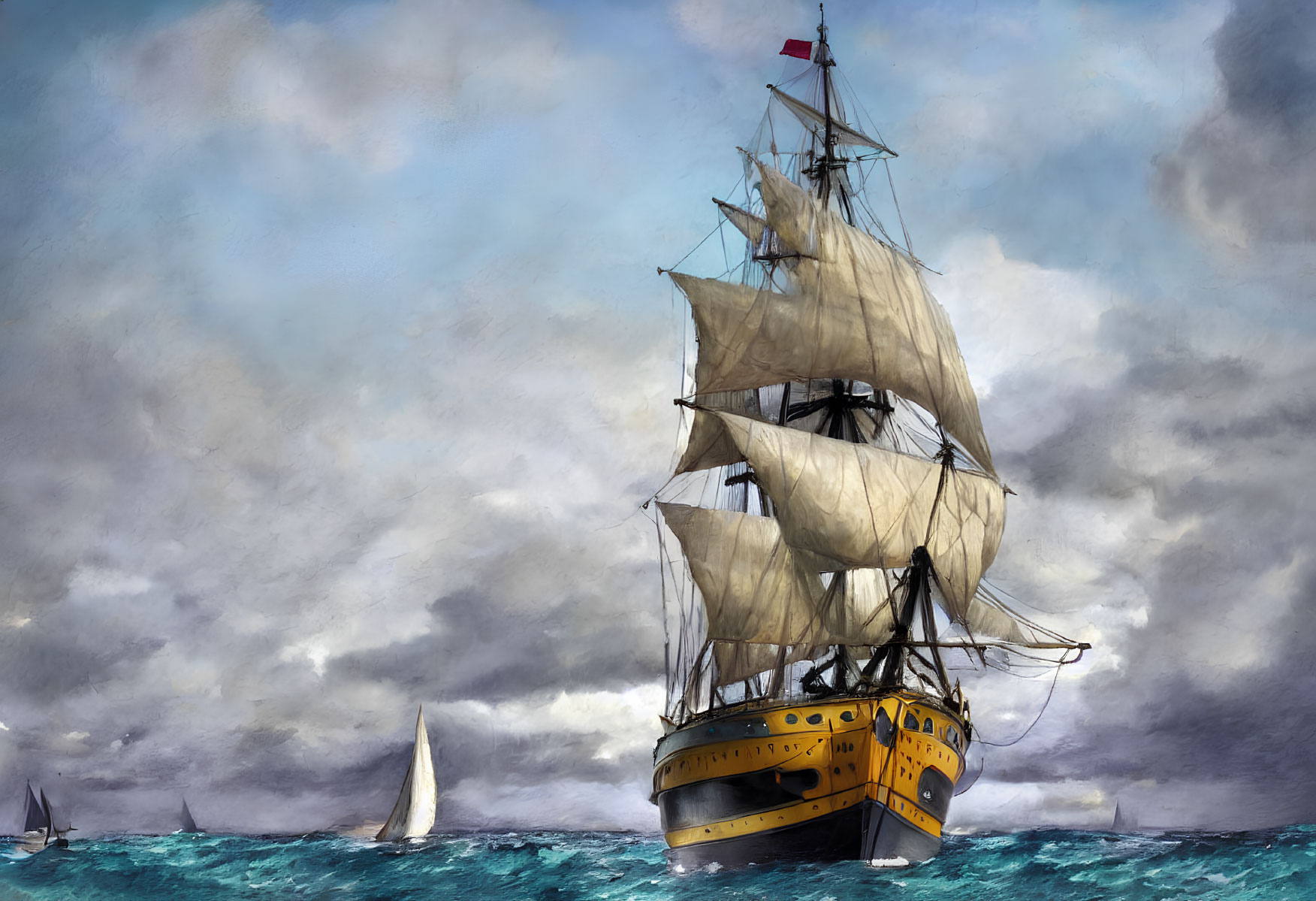 Majestic tall ship with full sails navigating turbulent seas
