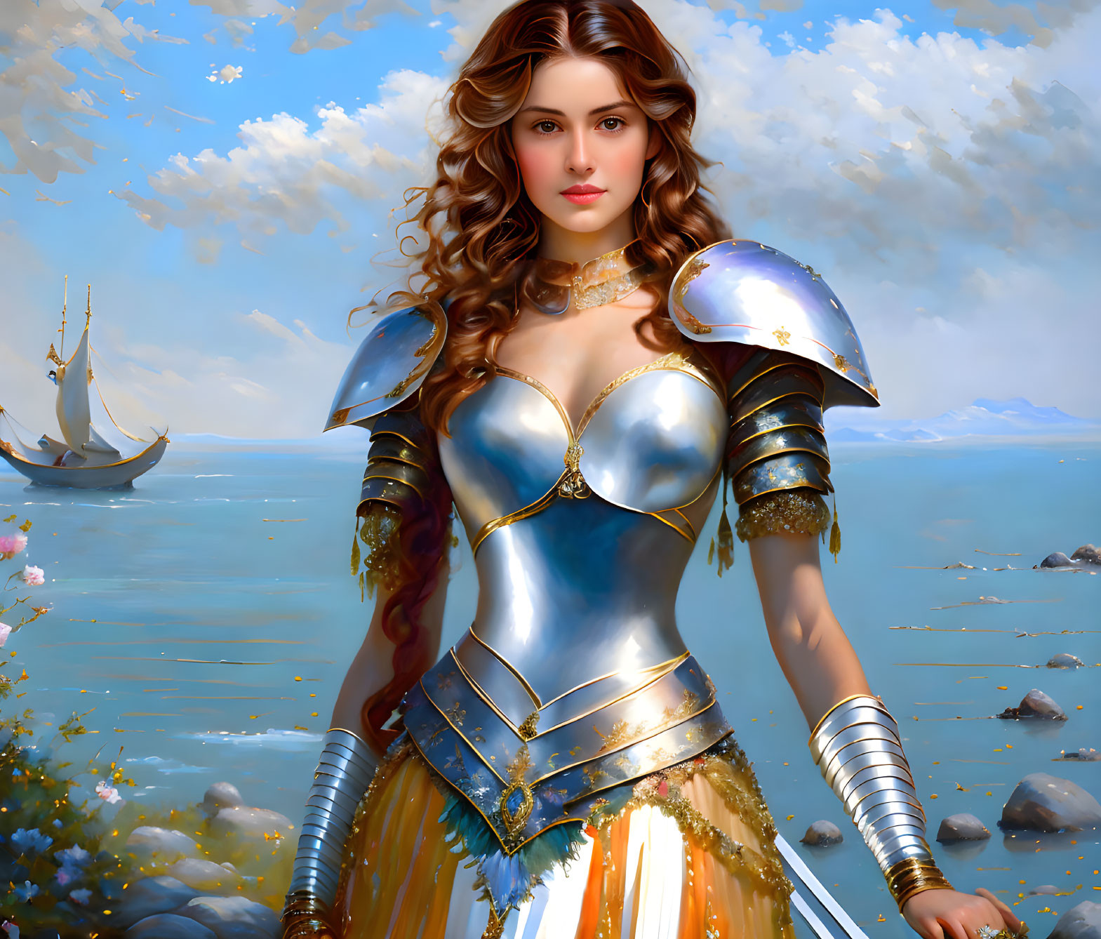 Fantasy armor woman digital art with coastal backdrop and sailing ship