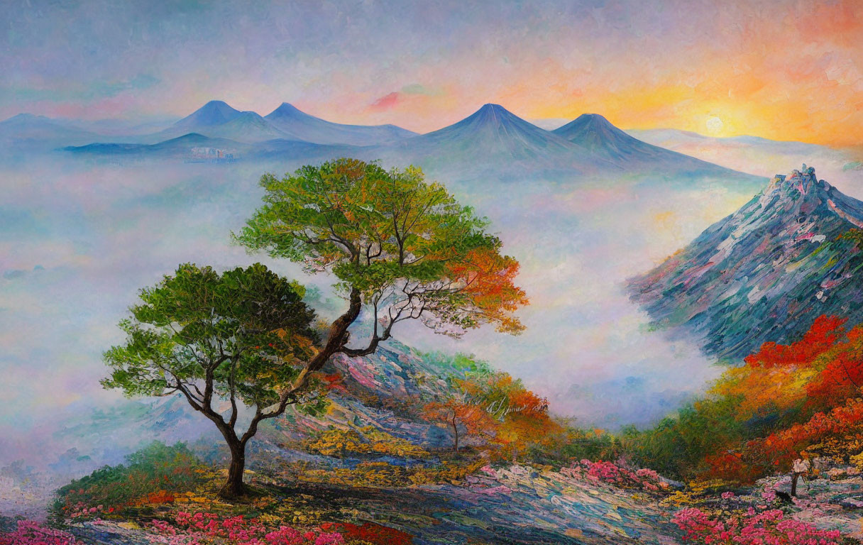 Vibrant landscape painting: sunrise, misty mountains, blossoming tree