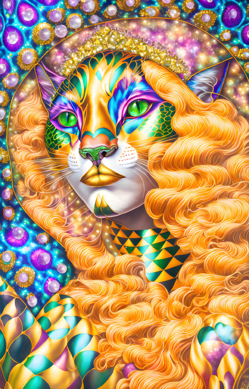 Colorful Cosmic Cat Illustration with Golden Fur and Halo on Gemstone Background