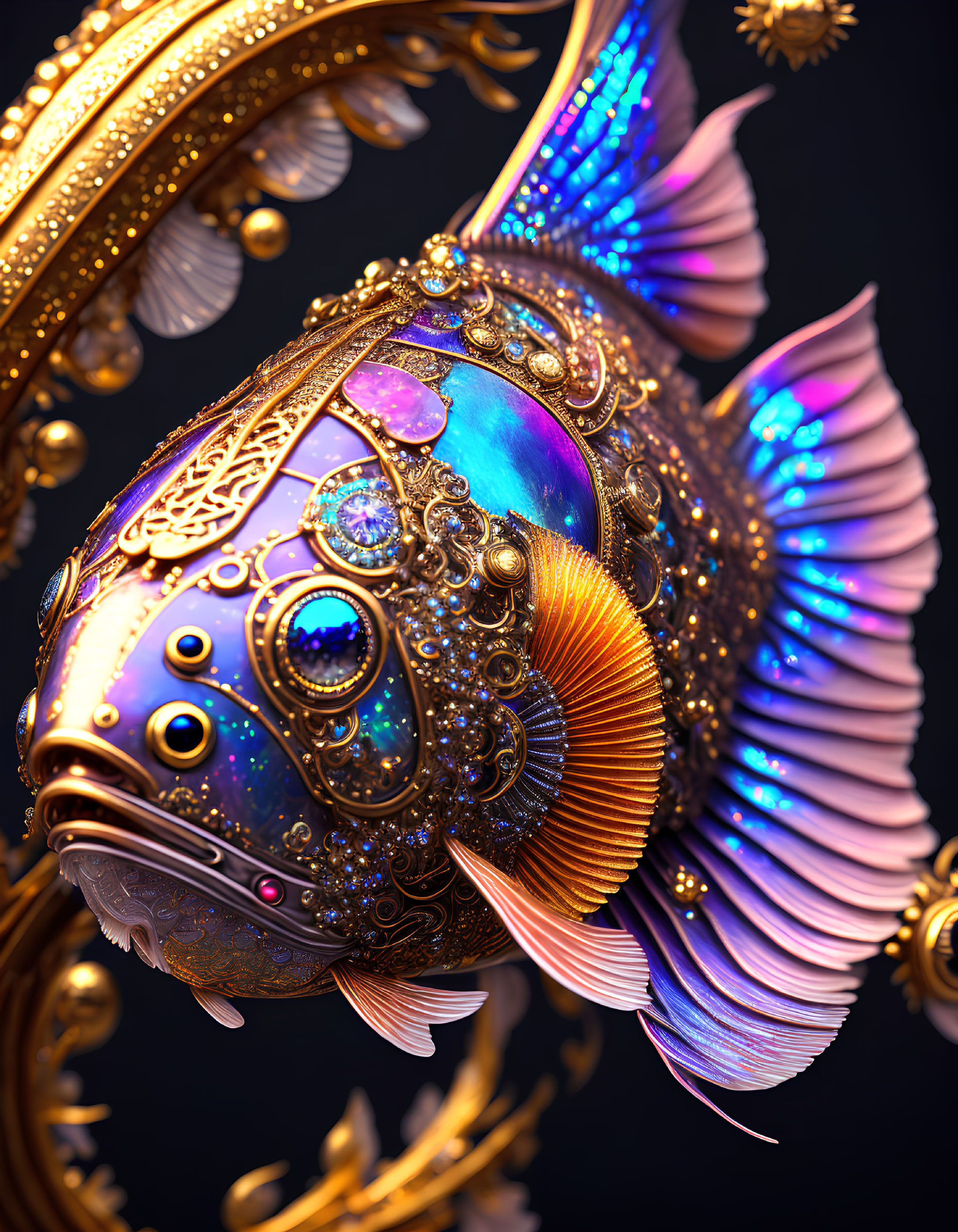 Intricately designed digital artwork of a golden fish