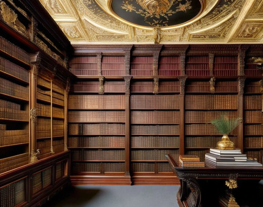 Sophisticated library room with wooden shelves, golden ceiling fresco, classic desk, and books.