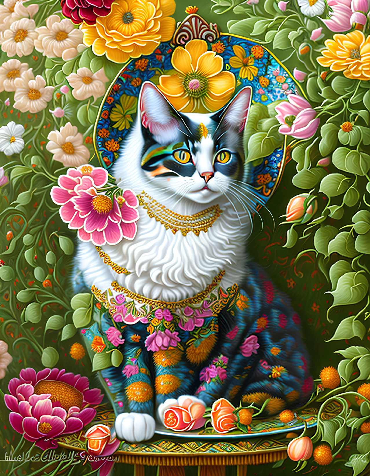 Colorful Cat Illustration with Floral Patterns and Jewelry on Floral Backdrop
