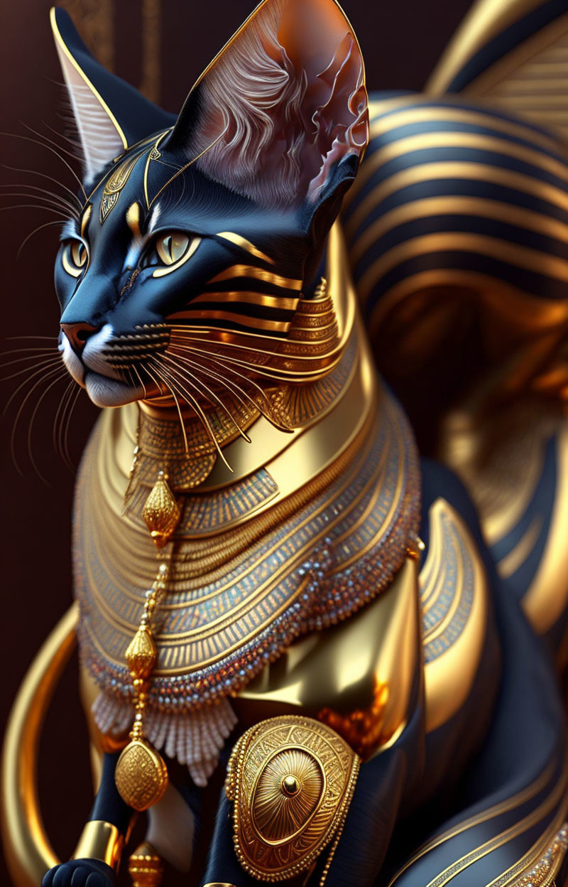 Digital Artwork: Stylized Cat with Egyptian Design & Gold Jewelry