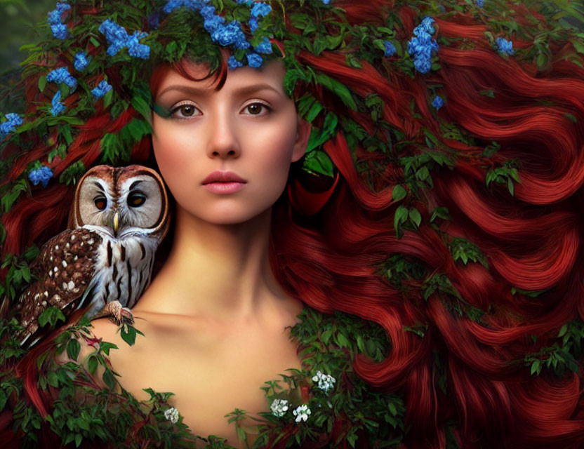 Red-haired woman with blue flowers and owl in green foliage