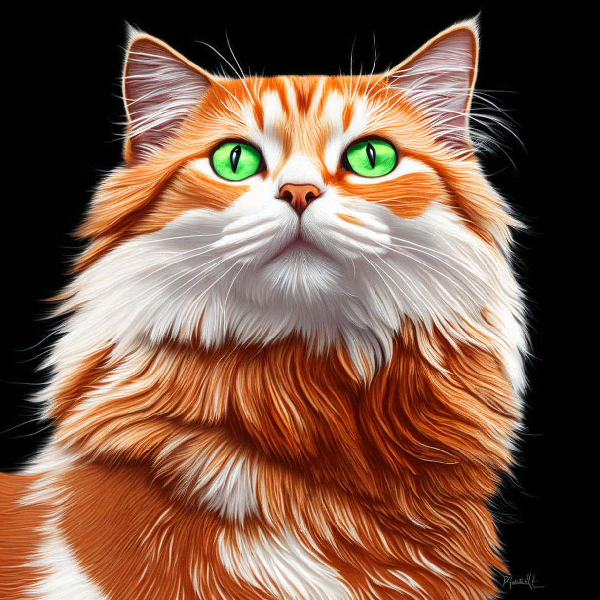 Orange-White Cat Illustration with Green Eyes on Black Background