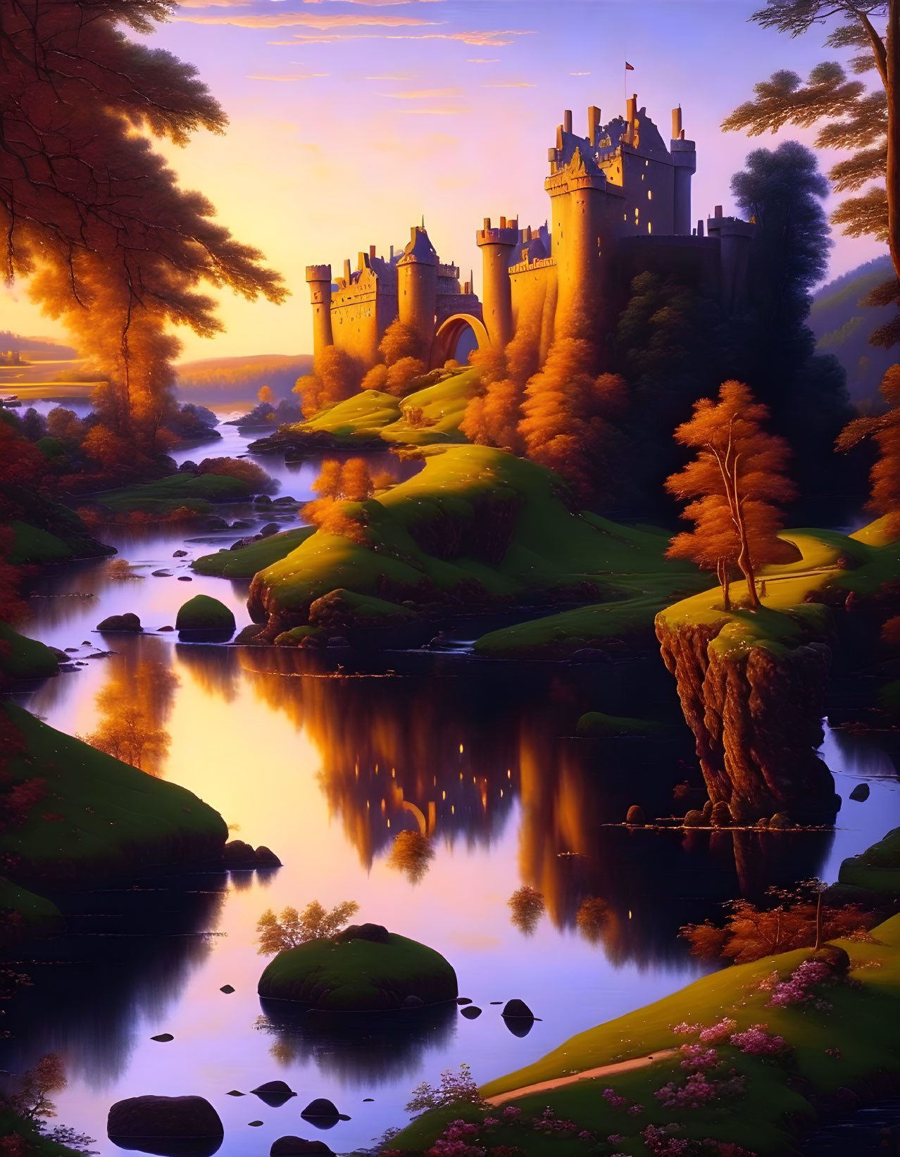 Majestic castle in lush autumn landscape with river and sunset