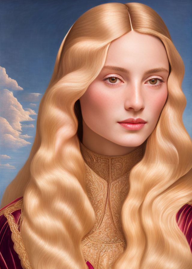 Blonde Woman Portrait in Red and Gold Garment against Sky