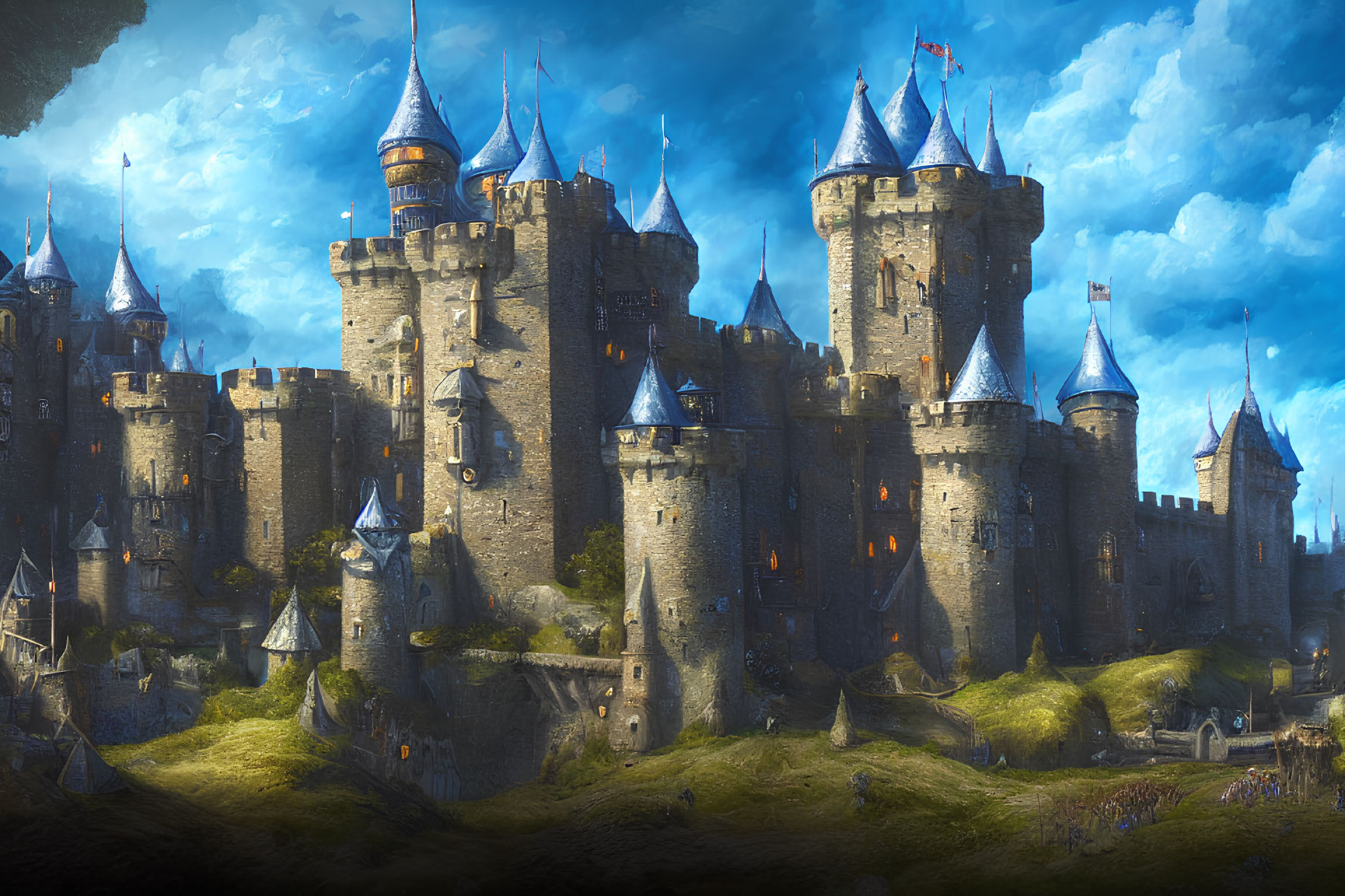 Medieval castle with spires and towers under warm light against blue skies
