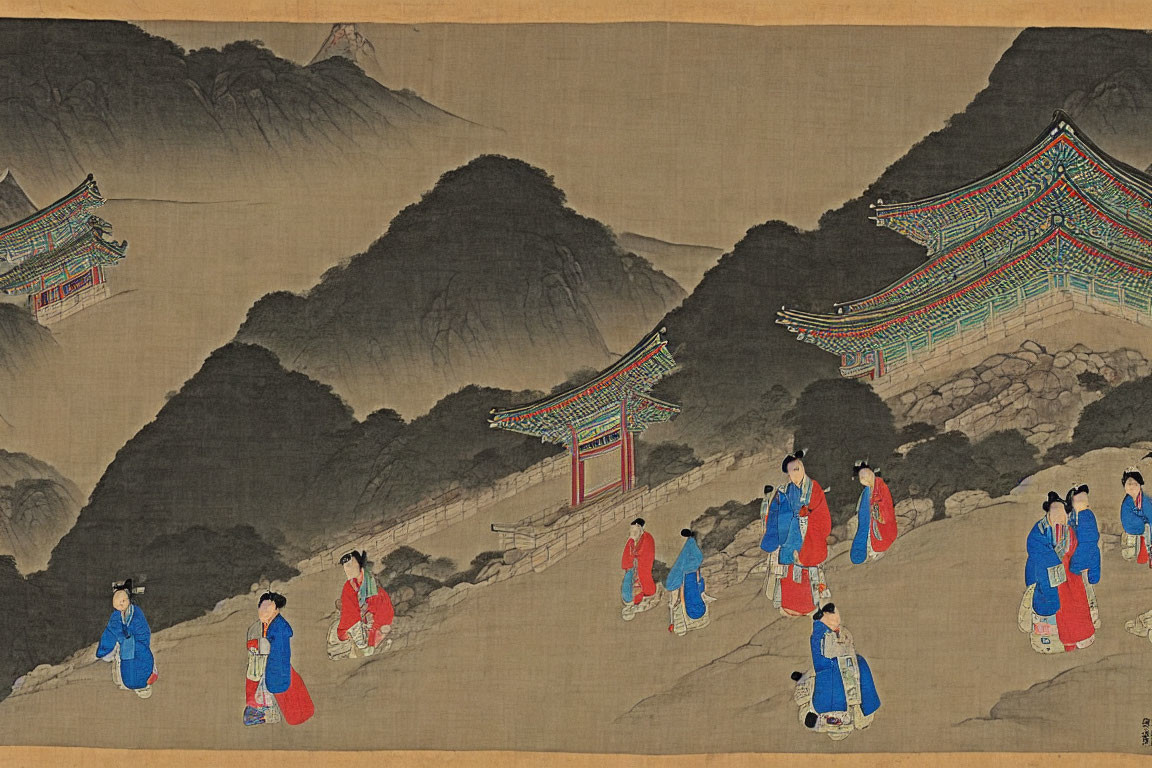 Traditional East Asian Landscape Painting with Mountains, Pagodas, and Historical Figures