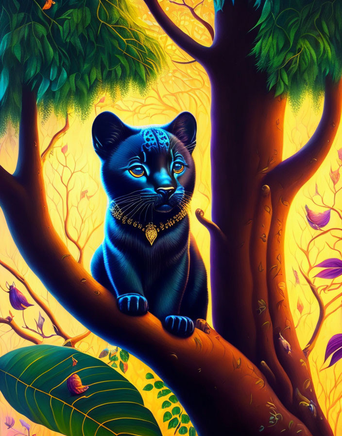 Mystical black panther with glowing blue eyes in colorful forest