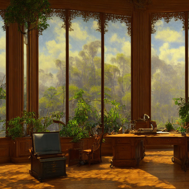 Traditional study room with wooden desk, furniture, and forest view.