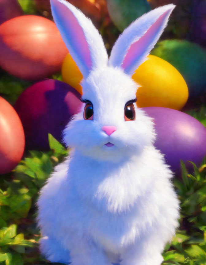 White Bunny Among Easter Eggs on Grass Background