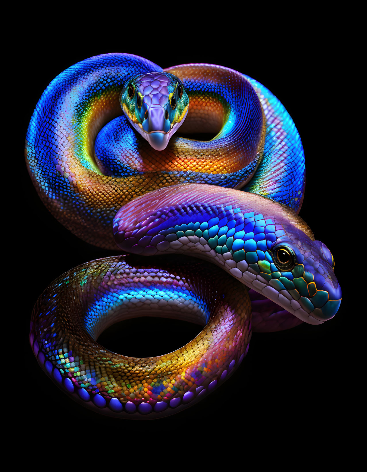 Vibrant digital artwork: Intertwined snakes, iridescent scales, black background