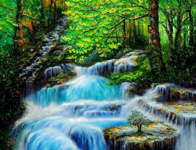 Lush greenery and waterfall painting with trees and sapling