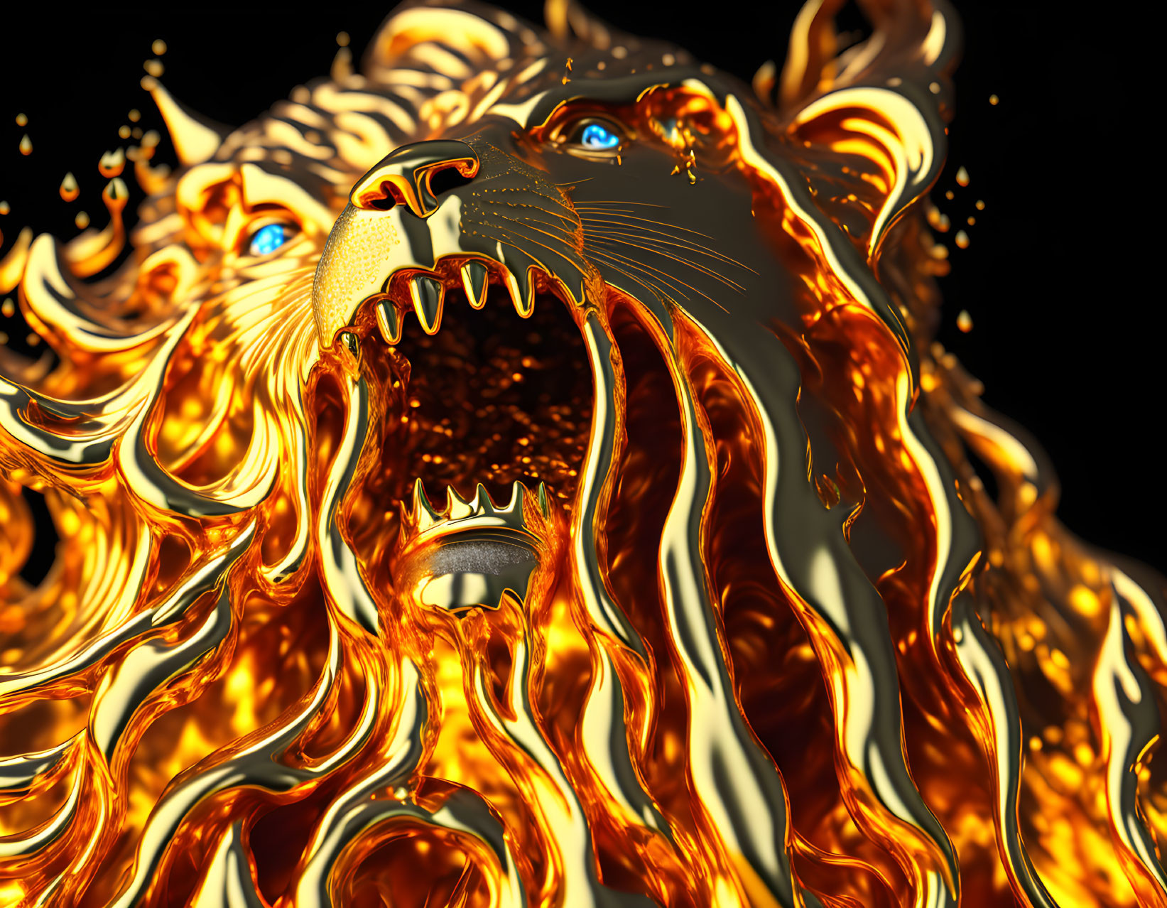 Vivid digital artwork: Roaring lion with flowing mane on dark background