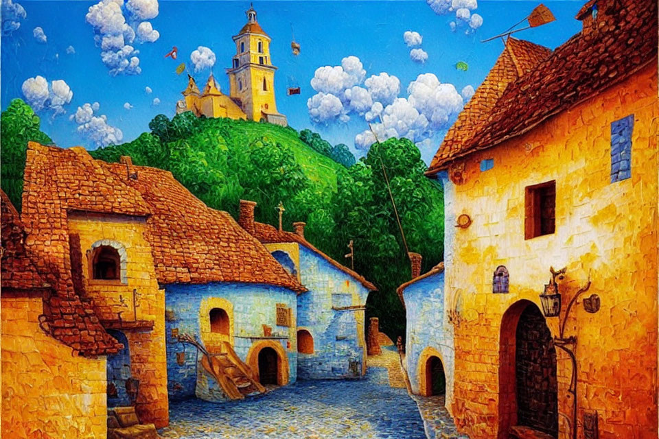 Colorful village painting with cobblestone streets and church tower.