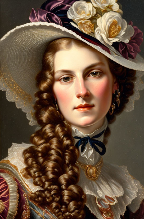 Portrait of a woman with curled hair, wide-brimmed hat, lace collar & blue ribbon