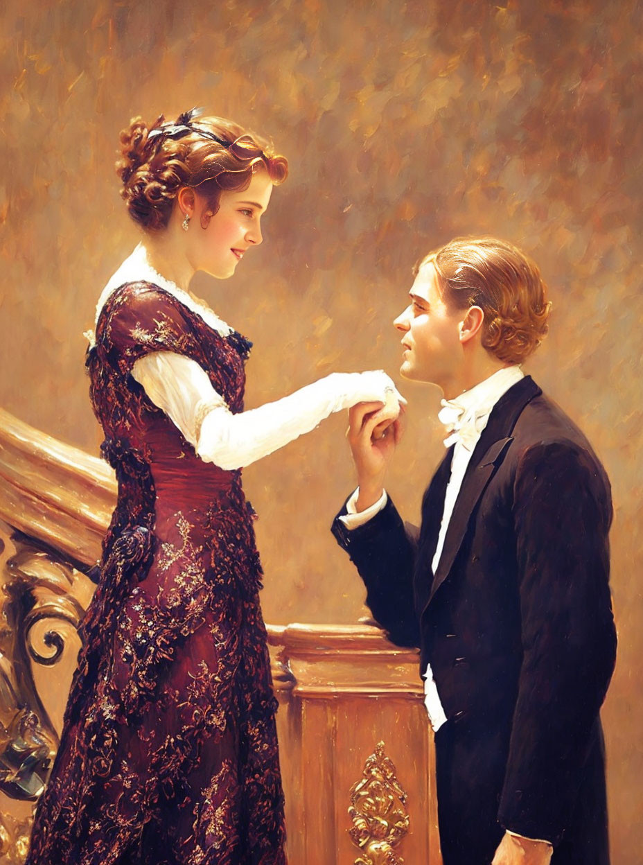 Victorian-era couple sharing a tender moment on a staircase