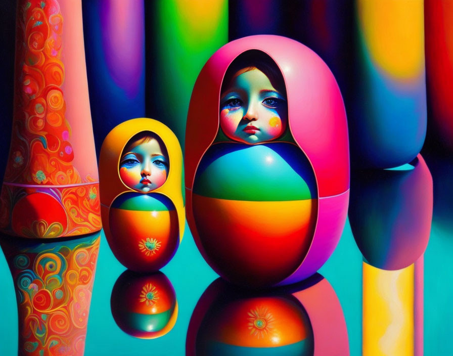 Colorful Matryoshka Dolls on Striped Background