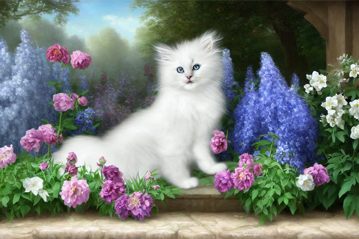 Fluffy White Cat with Blue Eyes in Colorful Flower Garden