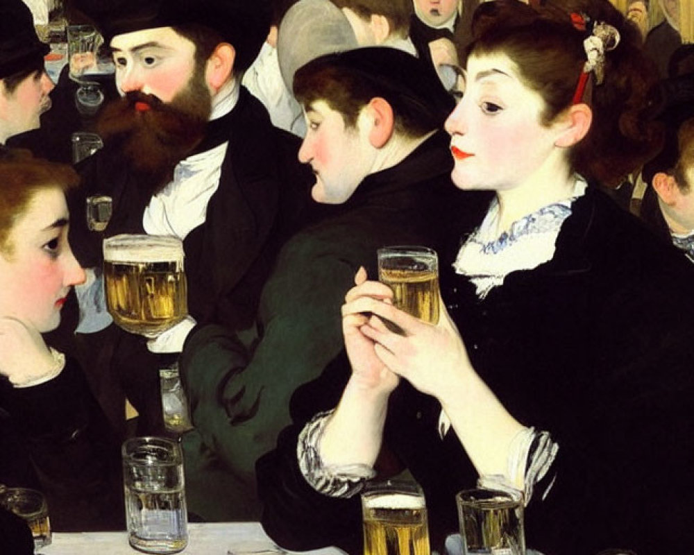 19th-Century French Café Scene with Elegant Patrons Drinking Beer
