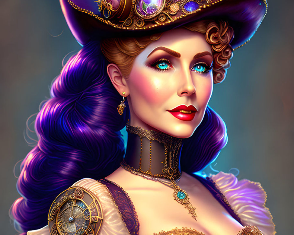 Steampunk style woman in purple Victorian attire with gears and gems