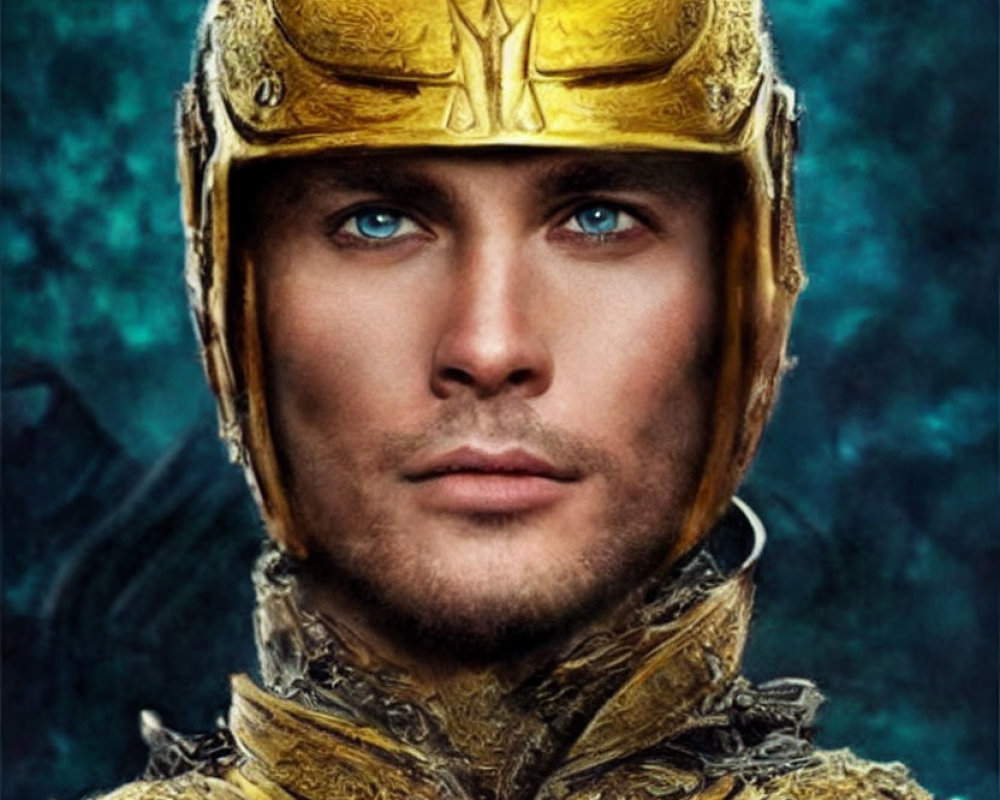 Man in ornate golden helmet and armor against turquoise backdrop