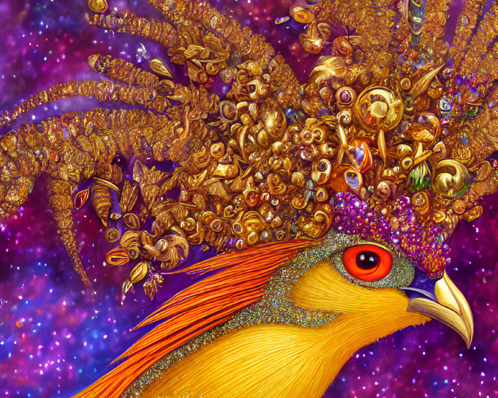 Golden Phoenix with Jewel-Encrusted Headpiece on Cosmic Background