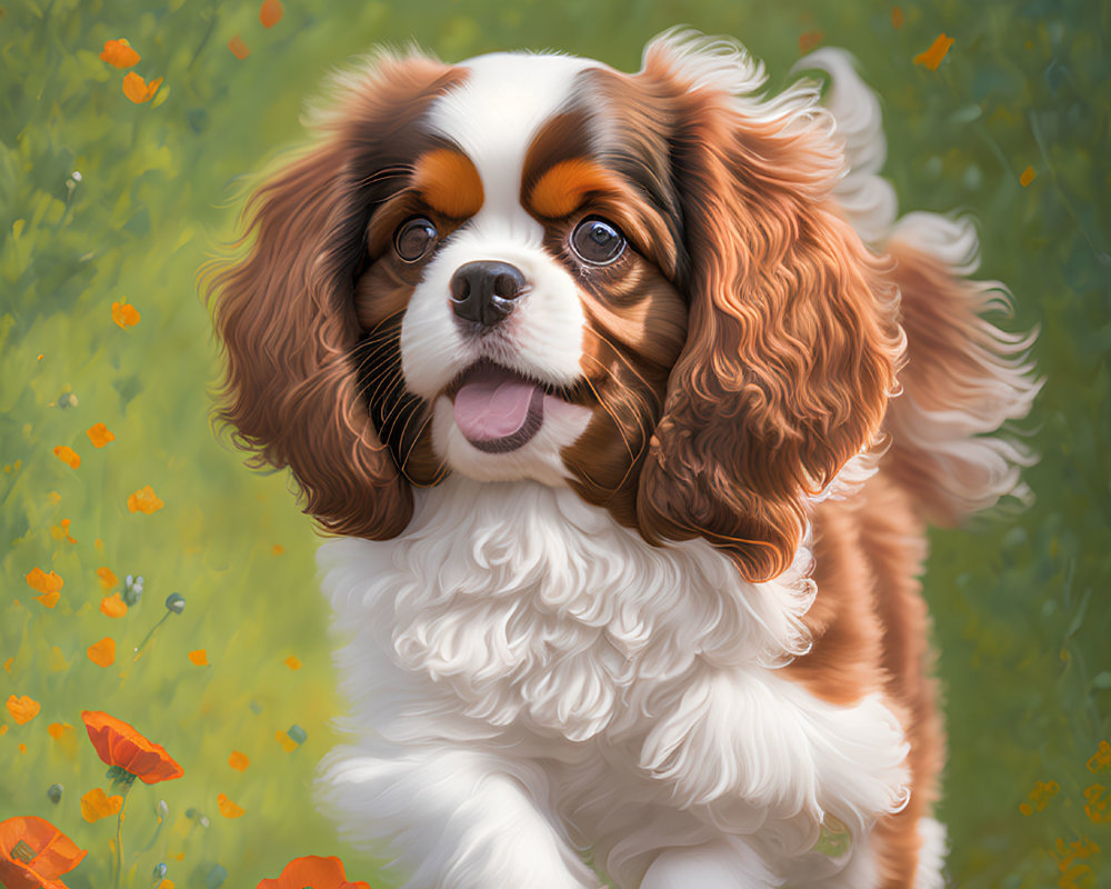 Cavalier King Charles Spaniel in Sunny Meadow with Orange Flowers
