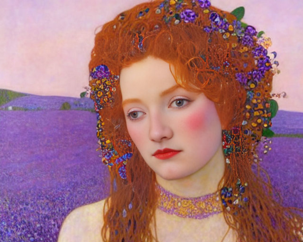 Woman with Red Hair and Floral Headpiece in Lavender Field Landscape