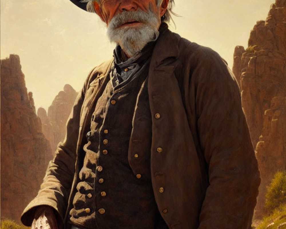 Weathered cowboy in black attire standing in desert landscape