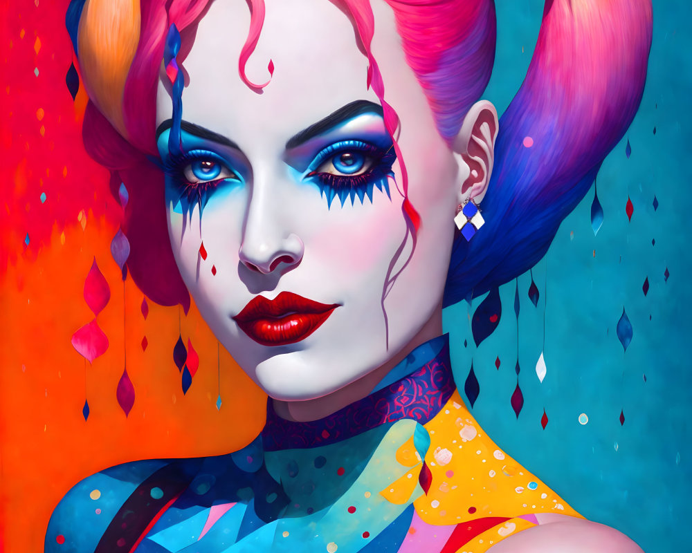 Colorful digital portrait of woman with pink and blue hair, dripping eye makeup, and blood drop on