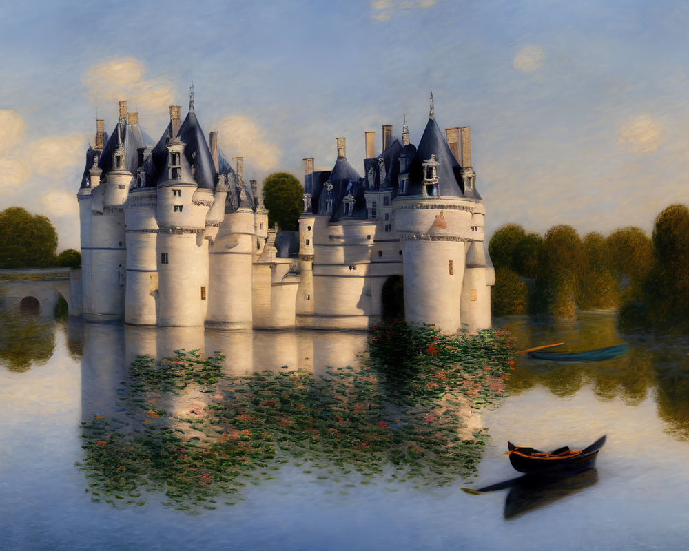 Majestic castle with spires reflected in calm water and rowboat under blue sky