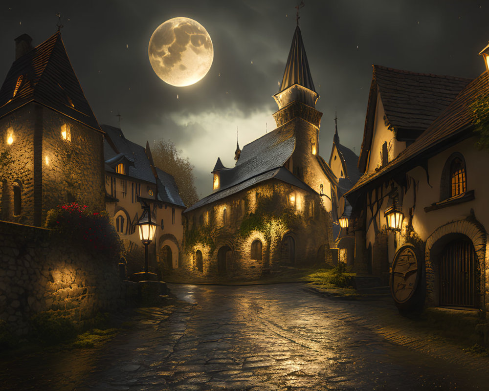 Medieval village at night with cobblestone streets and full moon