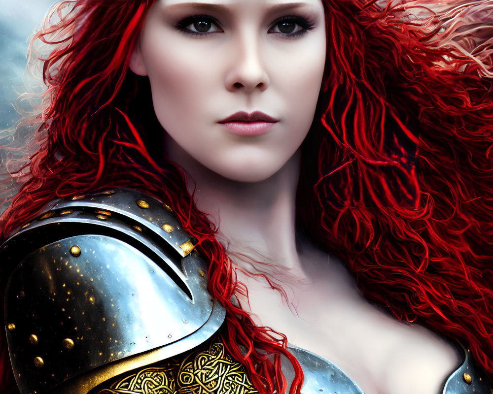 Digital artwork: Woman with red hair in ornate armor on misty background