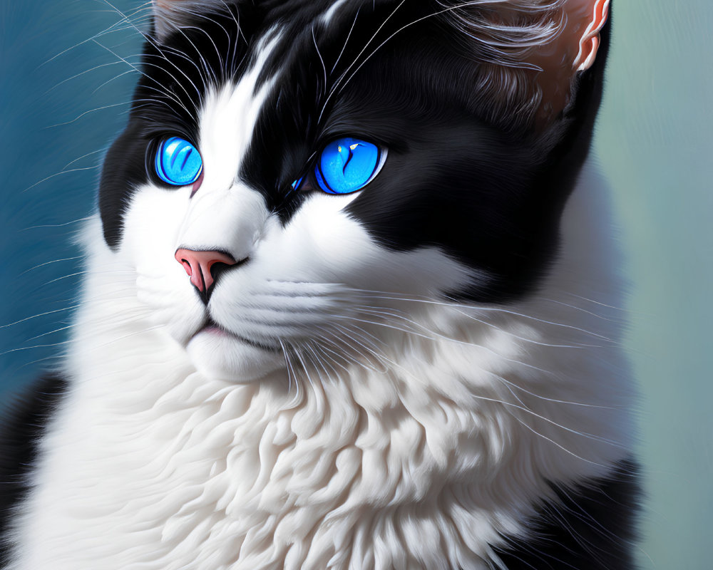 Realistic digital painting of a black and white cat with blue eyes on textured blue background