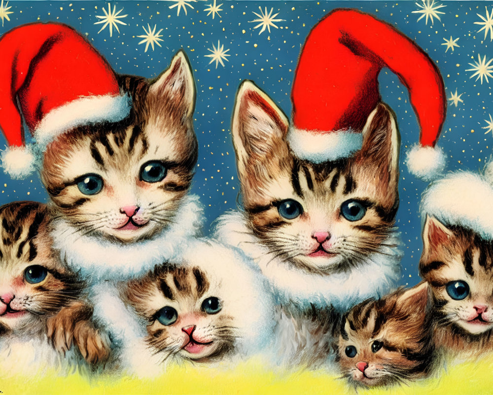 Five Kittens in Santa Hats and White Collars on Blue Starry Background