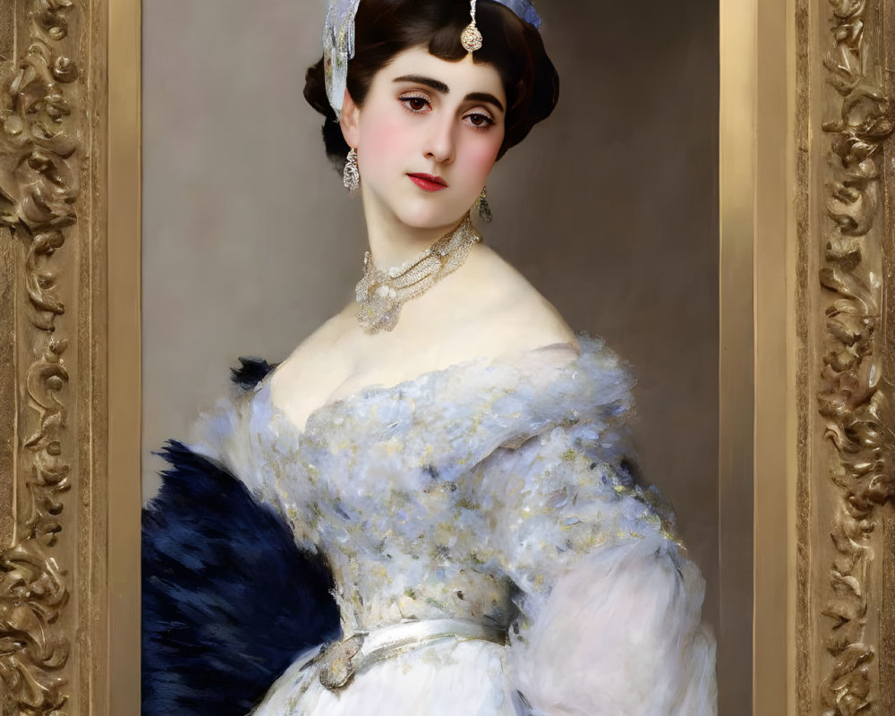 Portrait of Woman in White Dress with Blue Accents and Feathers in Gold Frame