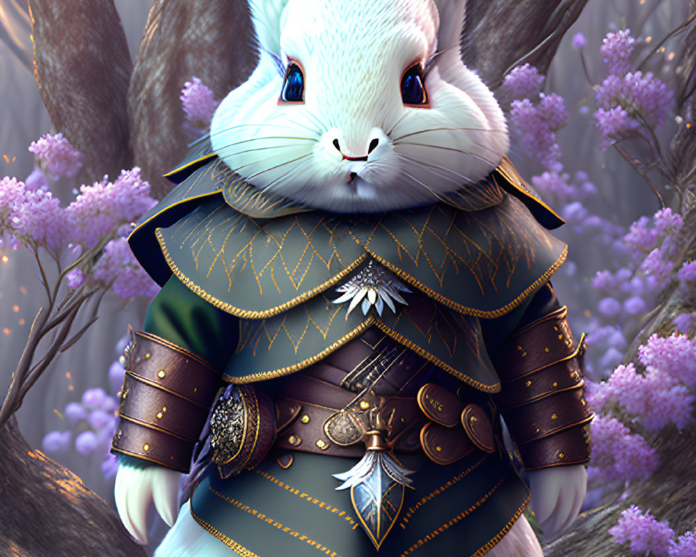 Regal anthropomorphic rabbit in medieval armor amid purple-flowered trees