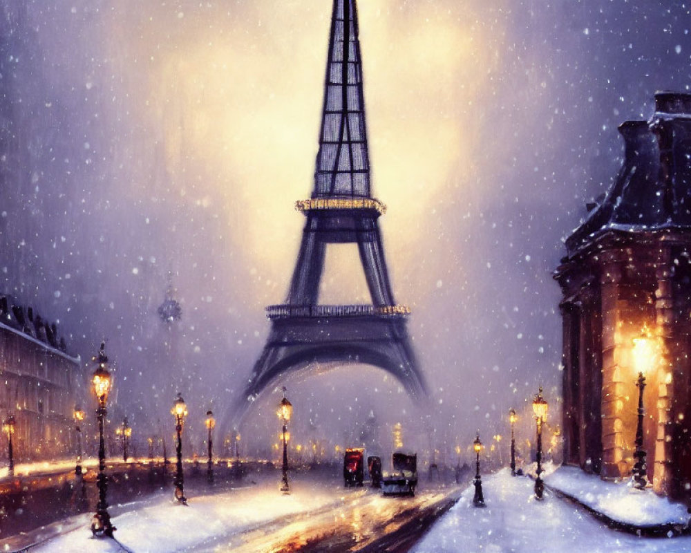 Snowy Evening Illustration: Eiffel Tower, Street Lamps, Horse Carriage