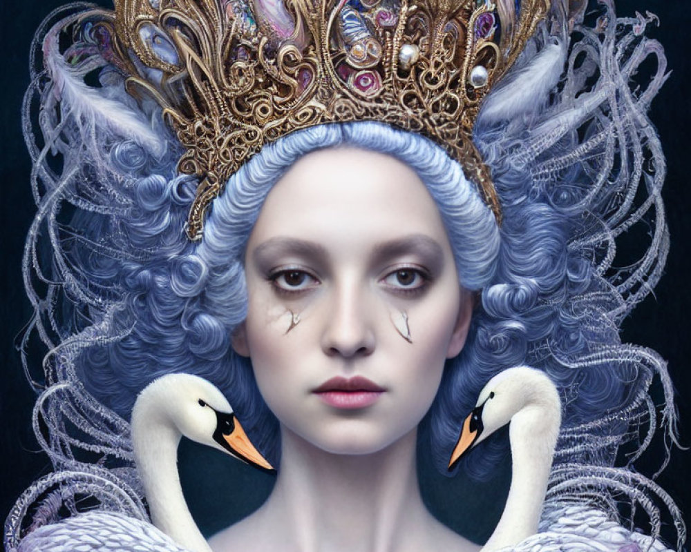 Pale-skinned person in dramatic makeup with elaborate crown, flanked by swans on dark background